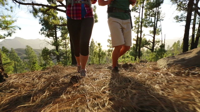 Hiking - hikers walking in forest shoes close-up. Young couple trekking in woods outdoors with focus on legs. Video from Tenerife, Canary Islands, Spain.