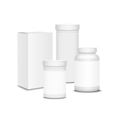Blank set of plastic packaging bottles with box for pills,  Vitamins or Capsules