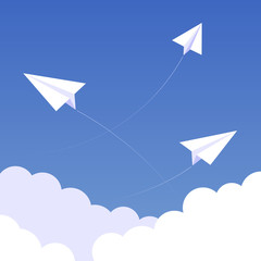 Sky background with clouds and paperplanes with traces. Vector illustration; easy editable.