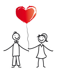 Verliebtes junges Paar mit Herzluftballon feiern den Valentinstag, Dekoration zur Hochzeit, gemeinsam mit Freunden und Familie feiern, Vektor, isoliert 
