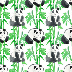 Panda with bamboo watercolor seamless pattern. Hand painted illustration in asian style.