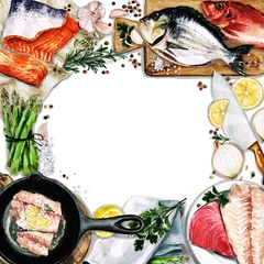 Keuken spatwand met foto Aquarel achtergrond met ruimte voor tekst - Cooking Fish © nataliahubbert