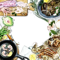 Foto op Canvas Watercolor background with space for text - Cooking Seafood © nataliahubbert