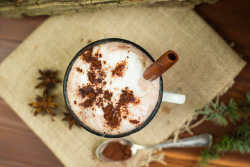 Vintage mug of hot chocolate with cinnamon sticks over rustic background. Kakao powder in vintage spoon. Top view.