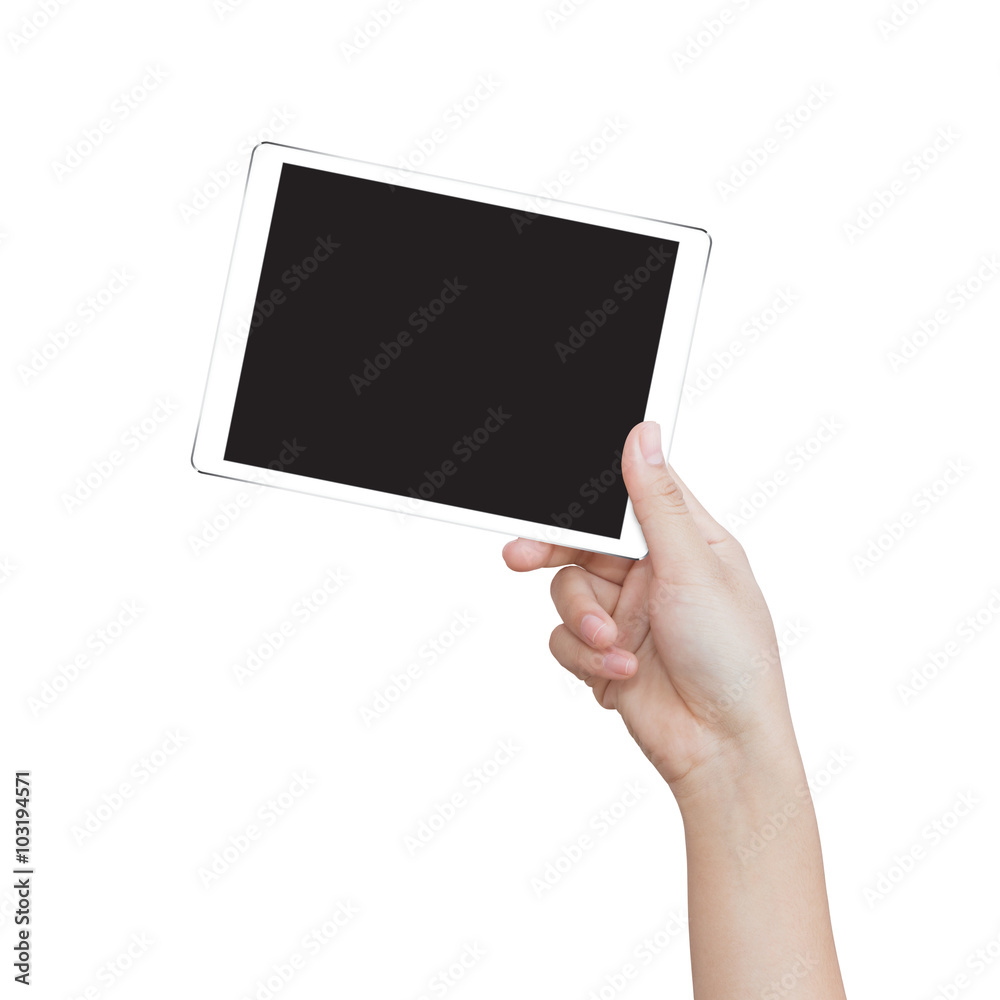 Poster female hand holding digital tablet isolated clipping patch easy add image inside data