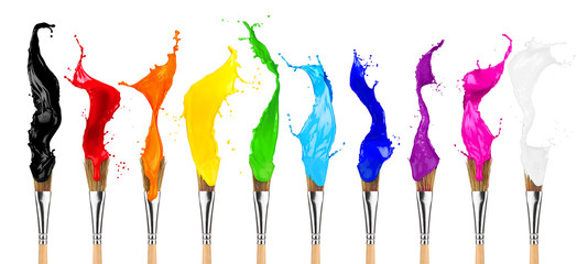 paintbrush row with colorful rainbow color splashes isolated on white background