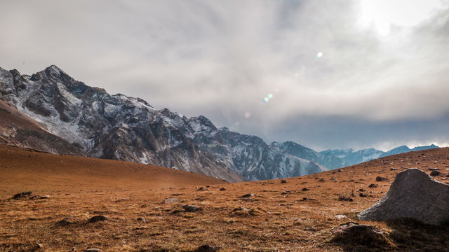 4K Timelapse. Cloudy in mountain Tian Shan, Sairam-Su, Kazahkstan