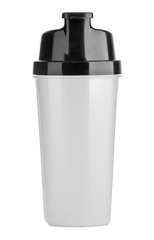 Plastic shaker isolated on white background. Shaker for sport food cocktail. Black and white. Sport and healthy drink.