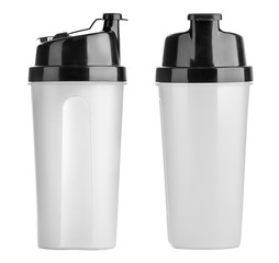 Plastic shaker isolated on white background with clipping path. Shaker for sport food cocktail. Black and white. Sport and healthy drink.