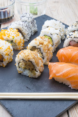 Sushi rolls on a slate plate