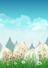 Easter eggs in the grass, garden fence in the background. Vector illustration.