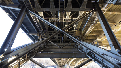 Details of steel bridge and reflection in water of moscow river