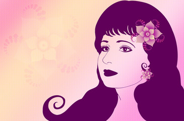 Illustration of a beautiful woman on the background with floral pattern