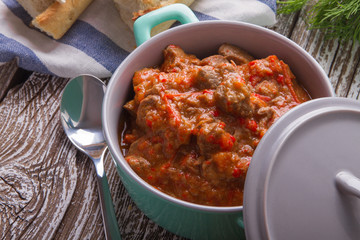 Spicy goulash soup with paprika.