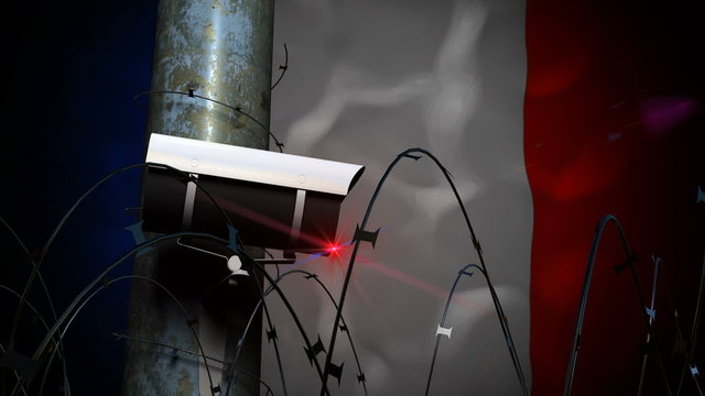 Security Camera on pole with razor wire making a seamless continuous pan with a French flag background.