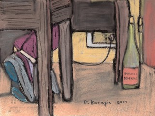 Bottle of wine. Drawing by soft pastel on old book page.