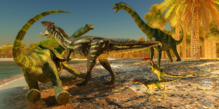 Brachiosaurus Dinosaur Attack - Two Compsognathus wait as an Allosaurus dinosaur brings down a huge Brachiosaurus on the beach.