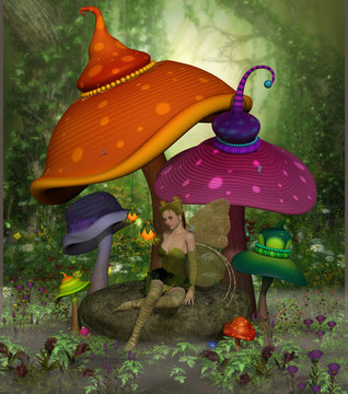 Fairy Daina - Fairy Daina relaxes on a rock surrounded by colorful fantasy mushrooms and flowers in the magical forest.