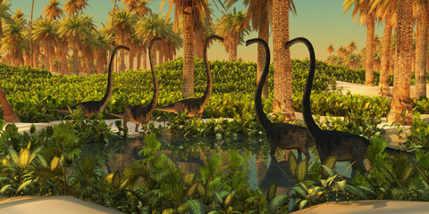 Omeisaurus Dinosaur Watering Hole - A herd of Omeisaurus dinosaurs use a small Jurassic pond for drinking and bathing. © Catmando