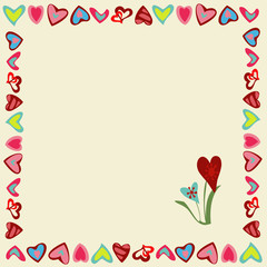 Frame of hearts on a yellow background. Square. All objects are grouped. Vector.