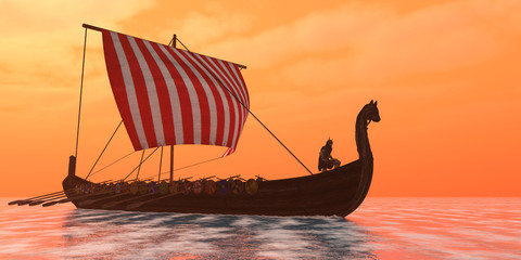 Fototapeta premium Viking Longship Ventures - A Viking longboat sails through ocean calm waters to their destinations for trade goods.