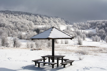 Winter landscape on mountain. Viewpoint on the mountain.