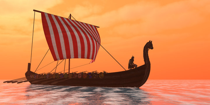Viking Longship Ventures - A Viking longboat sails through ocean calm waters to their destinations for trade goods.