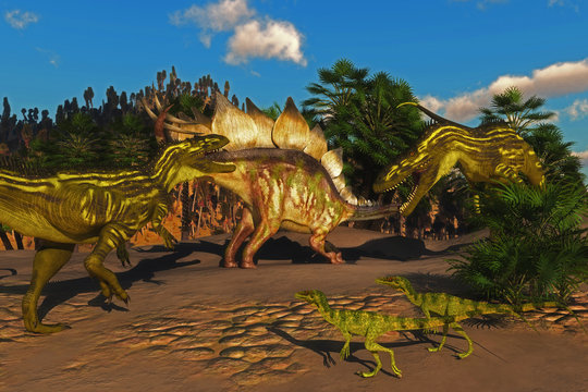 Stegosaurus Battle with Torvosaurus - Small Juravenator reptiles watch as a Stegosaurus tries to defend itself from two Torvosaurus dinosaurs.