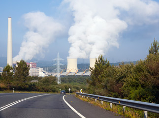 road,  chimney and cooling towers