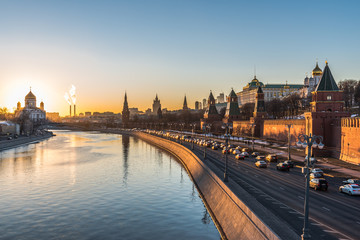 Kremlin embankment of the Moscow river at sunset.