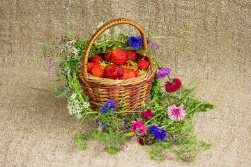 Fototapeta na wymiar плетеная корзина с красными спелыми ягодами клубники и венок из полевых цветов