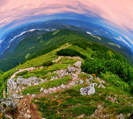 Fish-eye  view of the beautiful landscape in  Carpathian mountains