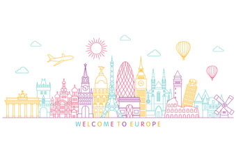 Europe detailed Skyline. Travel and tourism background. Vector background. line illustration. Line art style