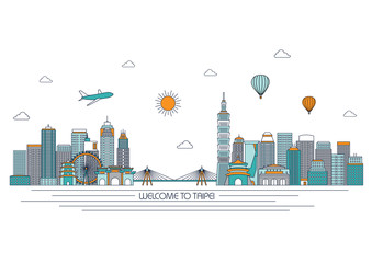 Fototapeta premium Szczegółowe panoramę Tajpej. Tło podróży i turystyki. Tło wektor. ilustracja linii. Styl linii
