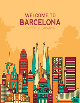 Barcelona skyline detailed silhouette. Vector line illustration
