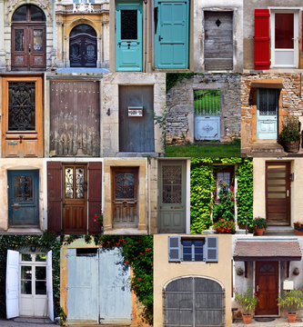 A photo  collage of  colourful front doors to houses from France
