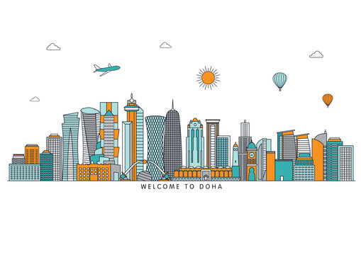 Doha detailed Skyline. Travel and tourism background. Vector background. line illustration. Line art style