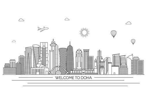 Doha detailed Skyline. Travel and tourism background. Vector background. line illustration. Line art style