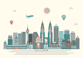 Kuala Lumpur detailed Skyline. Travel and tourism background. Vector background. line illustration. Line art style