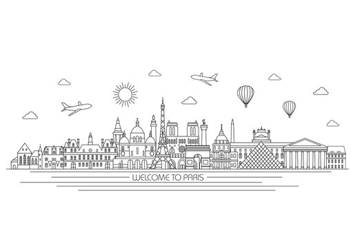 Paris detailed Skyline. Travel and tourism background. Vector background. line illustration. Line art style