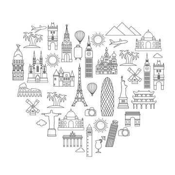 Travel and tourism detailed Skyline. Travel and tourism background. Vector background. line illustration. Line art style