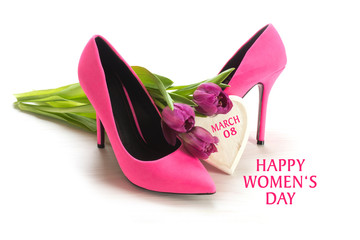 International Women's Day 8 March, ladies pink high heel shoes,