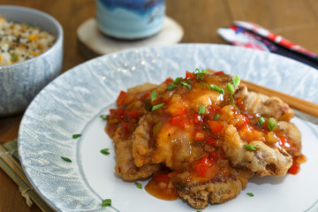 Sweet and sour pork with fried rice