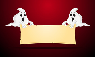 Two ghosts holding blank banner vector illustration