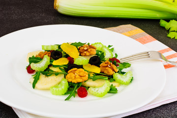 Dietary Delicious Salad on White Plate of Arugula, Par, Walnut a
