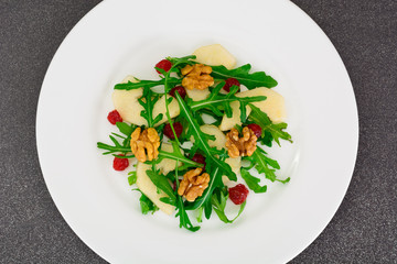 Dietary Delicious Salad on White Plate of Arugula, Par, Walnut a