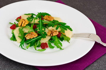 Dietary Delicious Salad on White Plate of Arugula, Par, Walnut a
