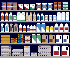 Supermarket shelves with dairy products. Vector background.
