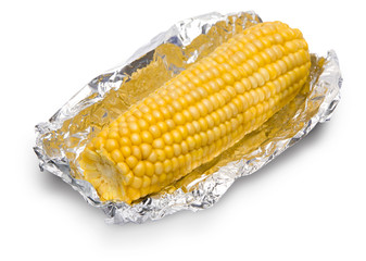 Vegetarian food - boiled corn cob in foil isolated on white background