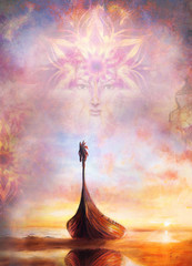 Viking Boat on the beach and woman with ornamental mandala. Boat with wood dragon. Structure background, Color painting collage. © jozefklopacka